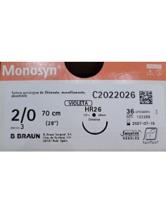 Monosyn 2/0 Violeta 1/2 Cilíndrica, Aguja 26 mm., hilo...